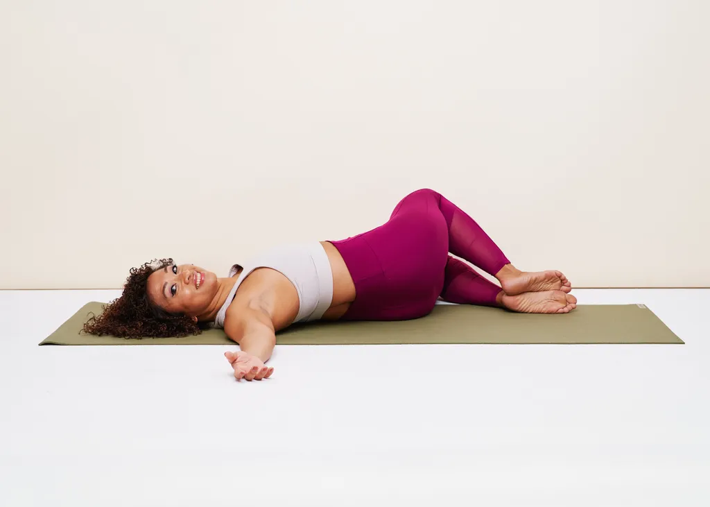 Illustrated figure performing a gentle morning stretch routine in a calm, light setting